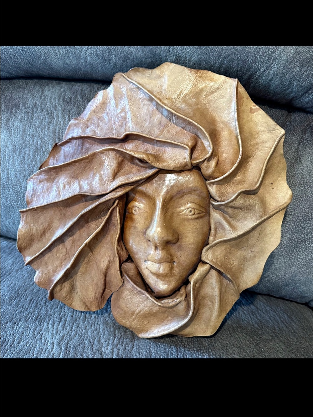 Vintage Handmade Molded Leather Face Wall Art Folk Art
